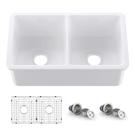 Kibi 32in Pure Fireclay Double Bowl Undermount Kitchen Sink K2-D32